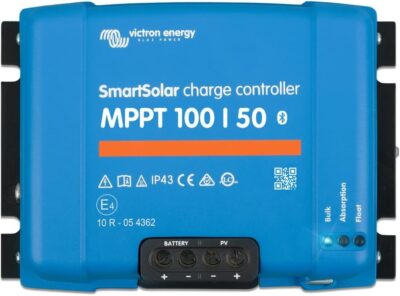 Victron Energy SmartSolar MPPT 100/50 solar charge controller with blue casing and Bluetooth logo for RV and off-grid power systems.
