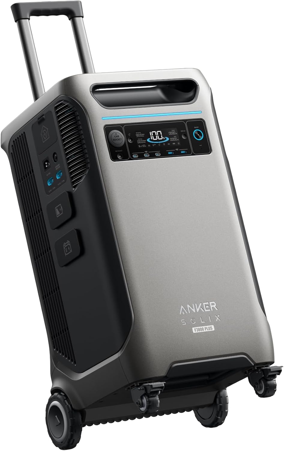 Anker SOLIX F3800 Plus 2025 model portable power station with industrial wheels and handle standing in a modern garage.