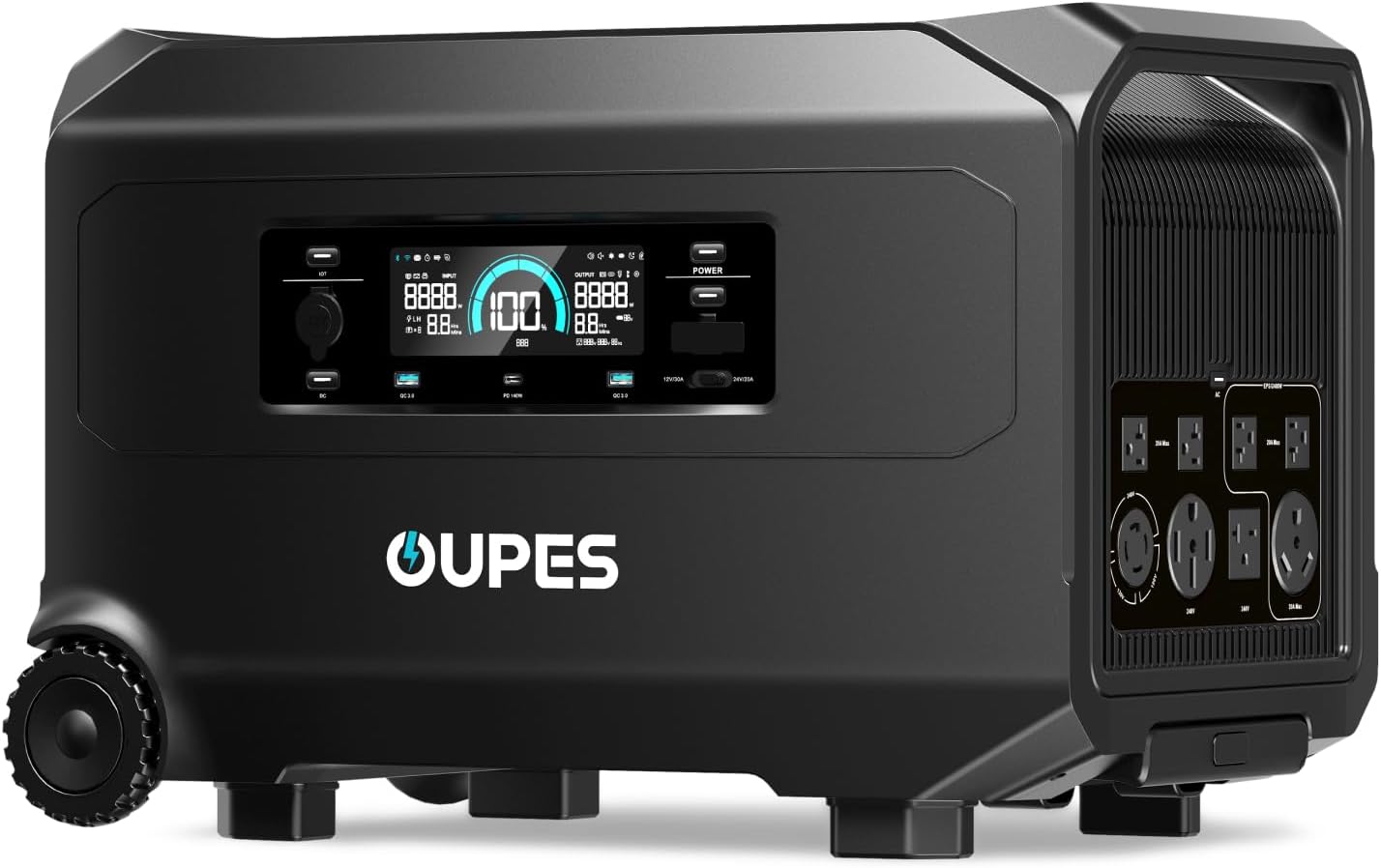 OUPES Guardian 6000 Portable Power Station showing the front panel with AC outlets, LCD screen, and rugged wheels on a wooden floor.