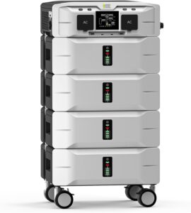 A large IEE 10.24Wh Portable Power Station SP5000 shown next to an RV and solar panels, highlighting its off-grid energy capacity.