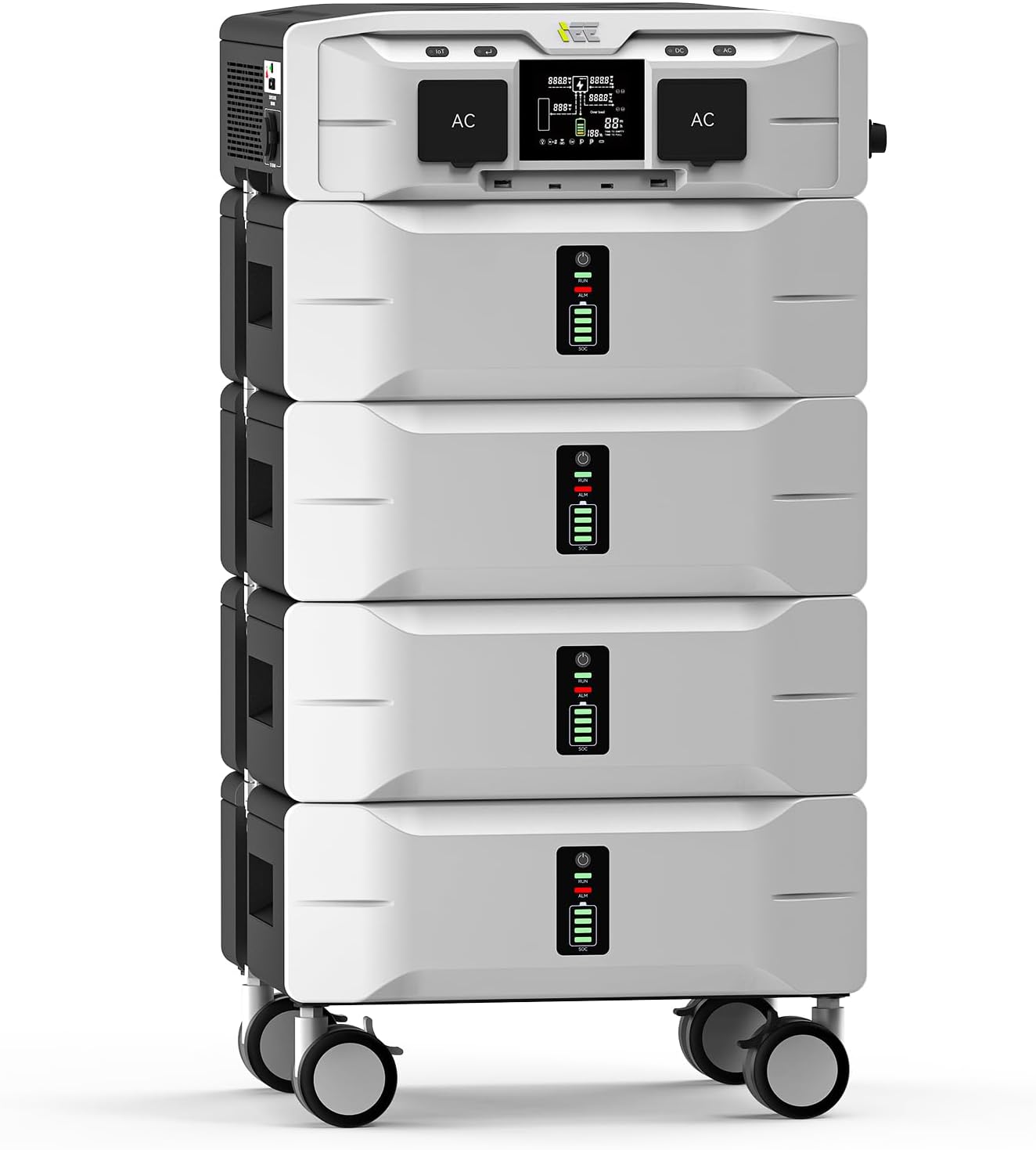 A large IEE 10.24Wh Portable Power Station SP5000 shown next to an RV and solar panels, highlighting its off-grid energy capacity.