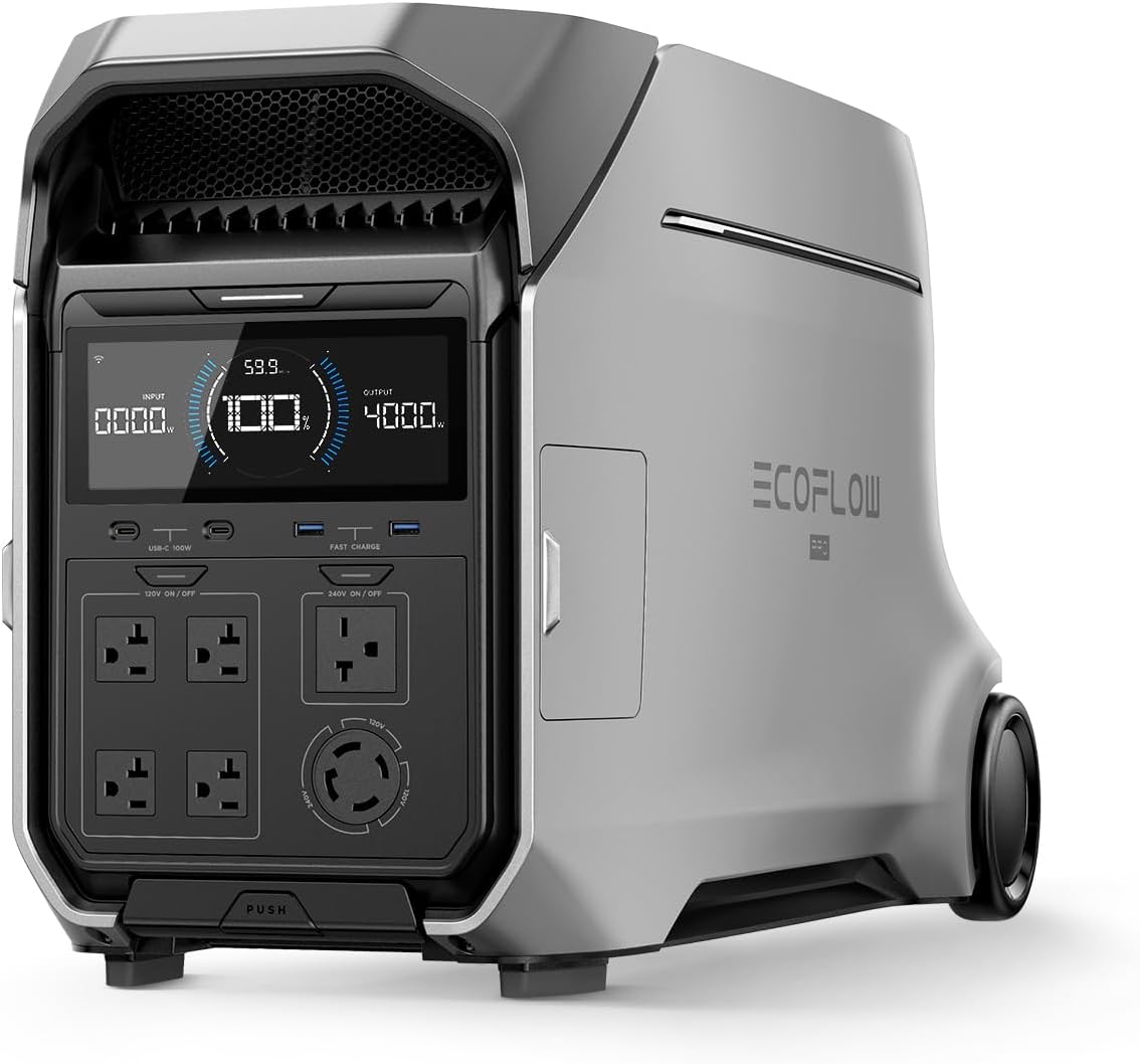 EcoFlow DELTA Pro 3 portable power station displaying 4000W output on its digital screen in a modern home setup during a power outage