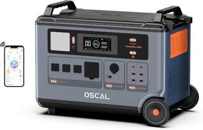 OSCAL PowerMax 6000 Portable Power Station showing the 6000W AC outlets and digital display in a home backup setting.