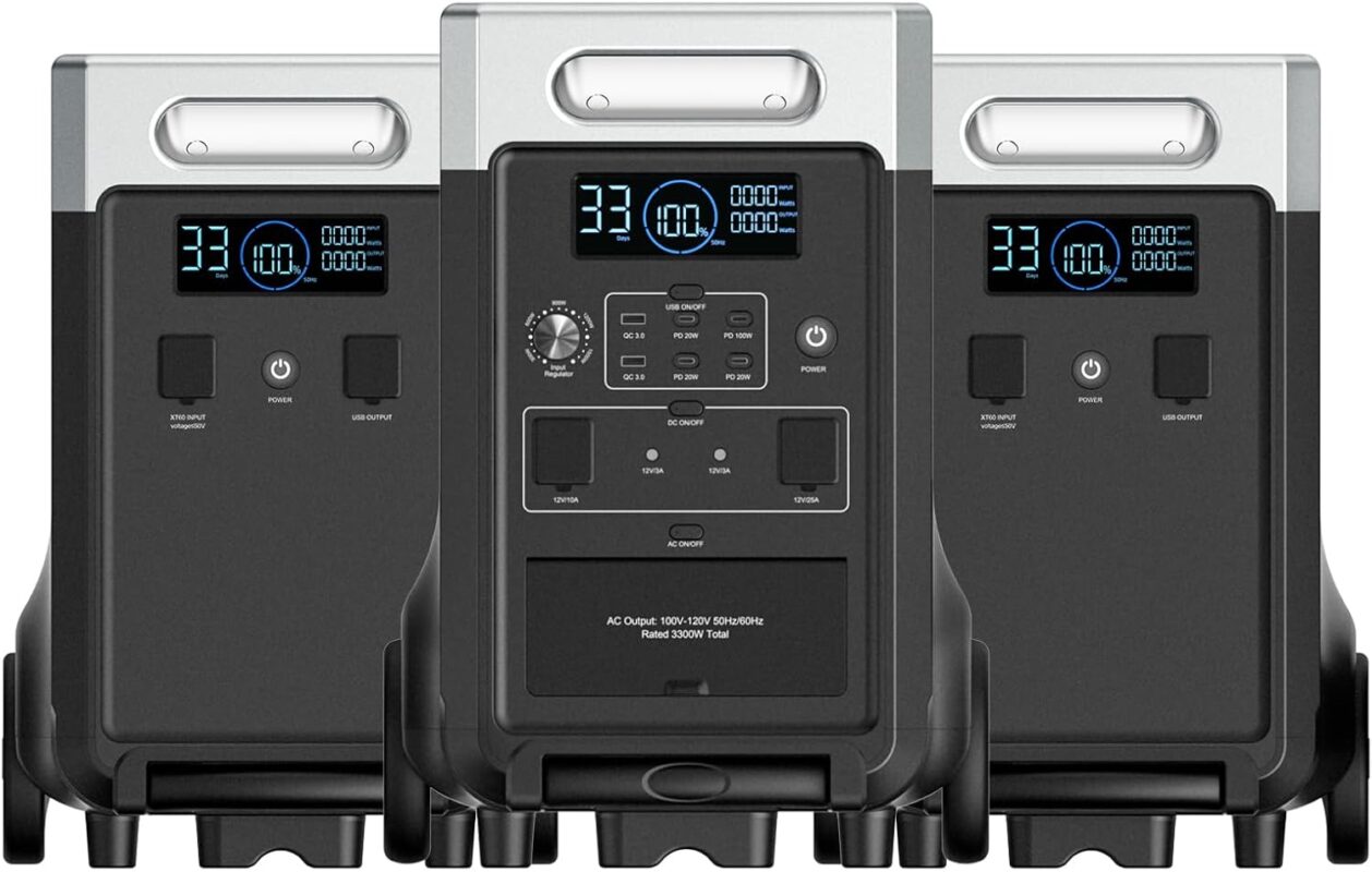 The AFERIY P310 portable power station main unit stacked with two extra expansion battery packs, illuminating a modern home garage setting during a simulated power outage.