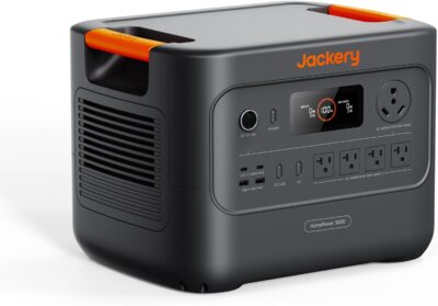 Jackery HomePower 3000 Portable Power Station with wheels being used to power a refrigerator and home appliances during a blackout.