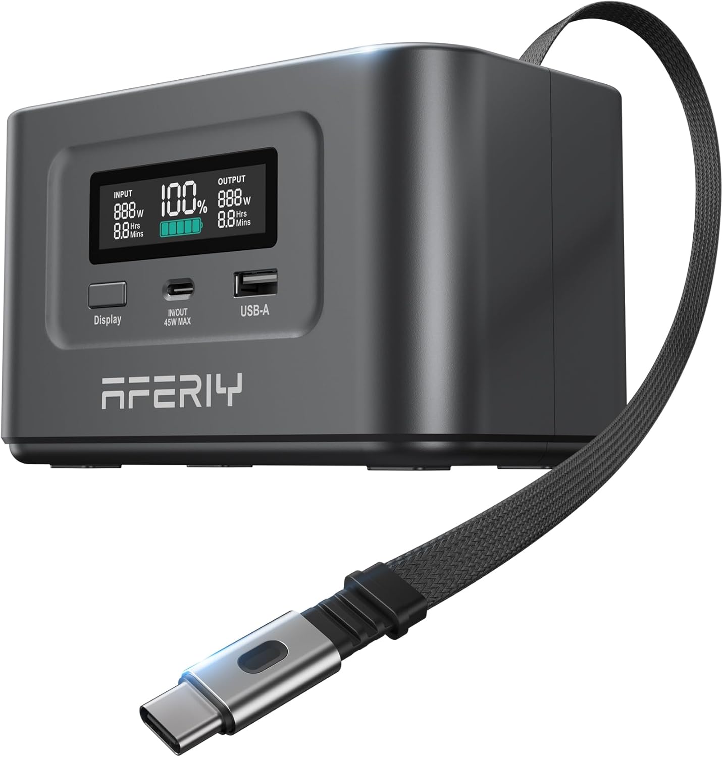 AFERIY 31000mAh Power Bank Station sitting on a wooden table, charging a MacBook Pro and an iPhone 17 simultaneously, showing the real-time wattage display.