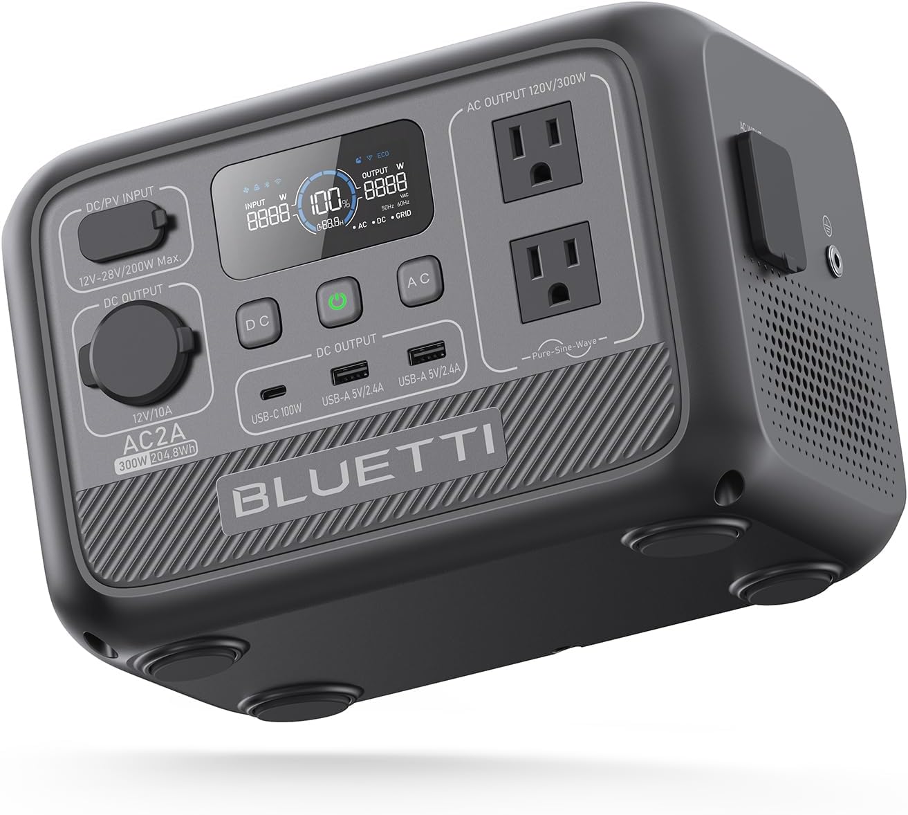 A BLUETTI AC2A portable power station sitting on a wooden picnic table next to a smartphone and a small camping fan.