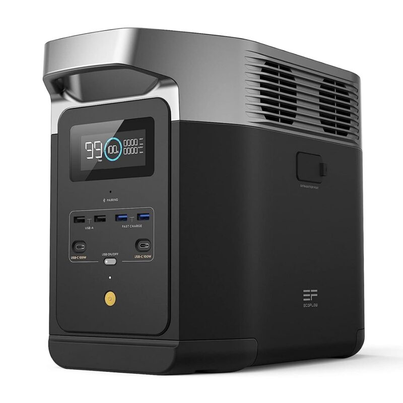 EcoFlow DELTA 2 portable power station powering a laptop and camping light in a forest setting