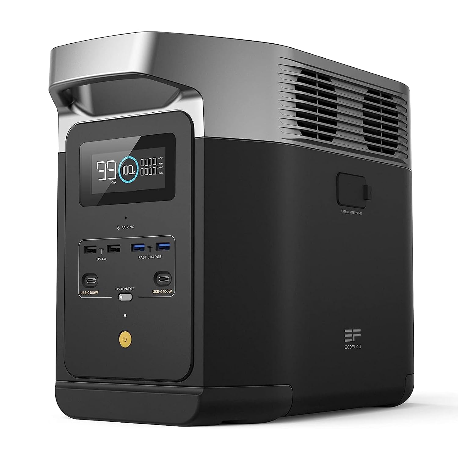 EcoFlow DELTA 2 portable power station powering a laptop and camping light in a forest setting