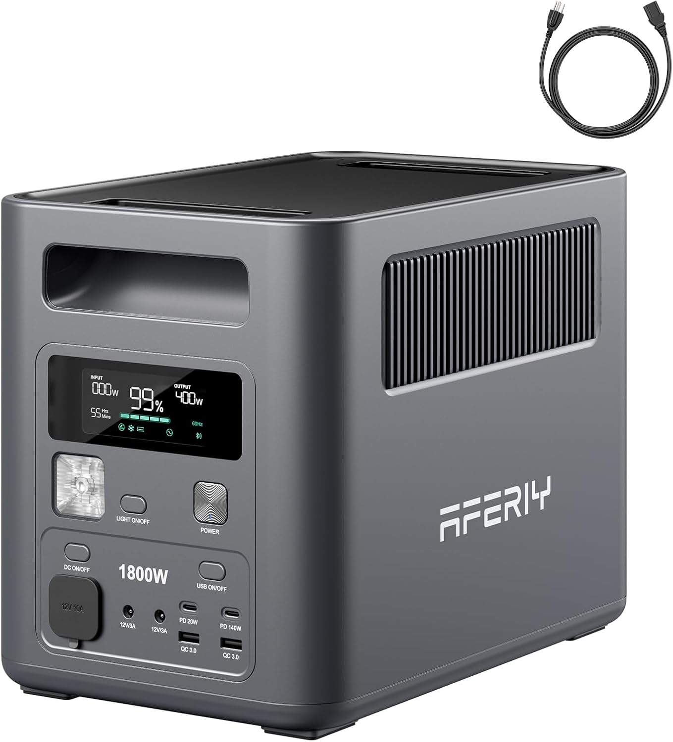 The AFERIY 1024Wh portable power station sitting on a wooden camping table next to a charging smartphone and a cup of coffee in a forest setting.
