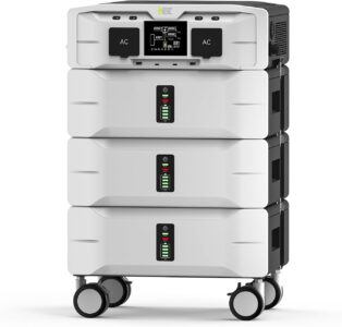 Large IEE 7680Wh Portable Power Station with LCD display showing input and output wattage in a home backup setting.