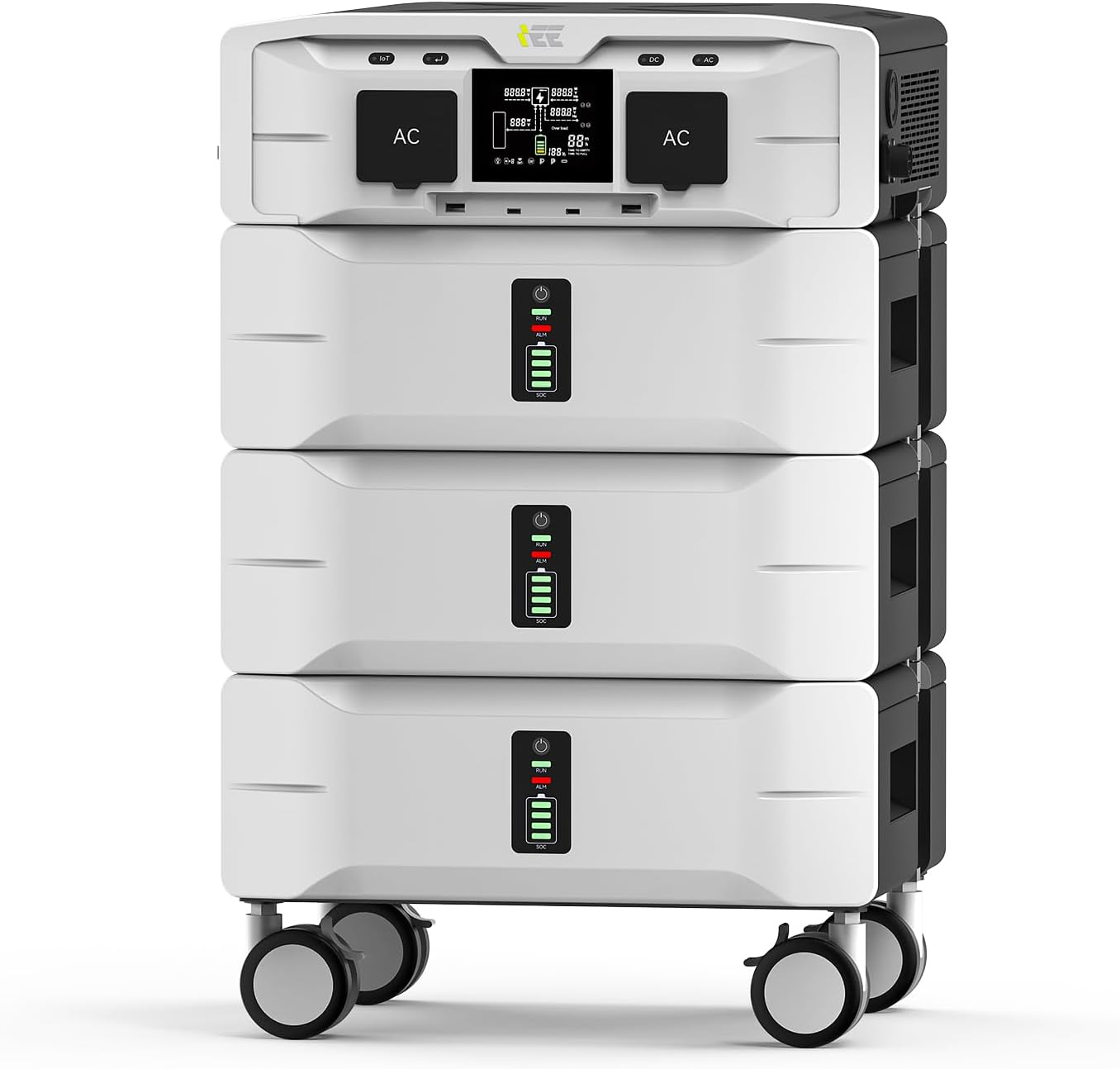 Large IEE 7680Wh Portable Power Station with LCD display showing input and output wattage in a home backup setting.