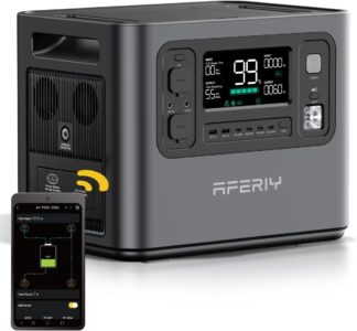 The AFERIY P210 portable power station sitting in the trunk of an adventure vehicle, powering a portable fridge and charging a drone.
