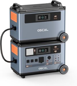 OSCAL PowerMax 6000 portable power station with expansion battery connected showing 7200Wh total capacity on a digital display