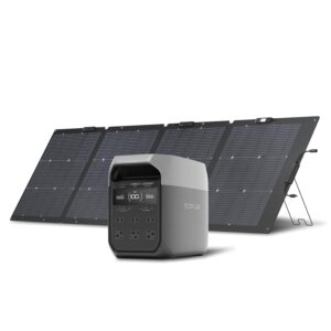 EcoFlow DELTA 3 portable power station with 220W bifacial solar panel setup at a green campsite next to a camper van