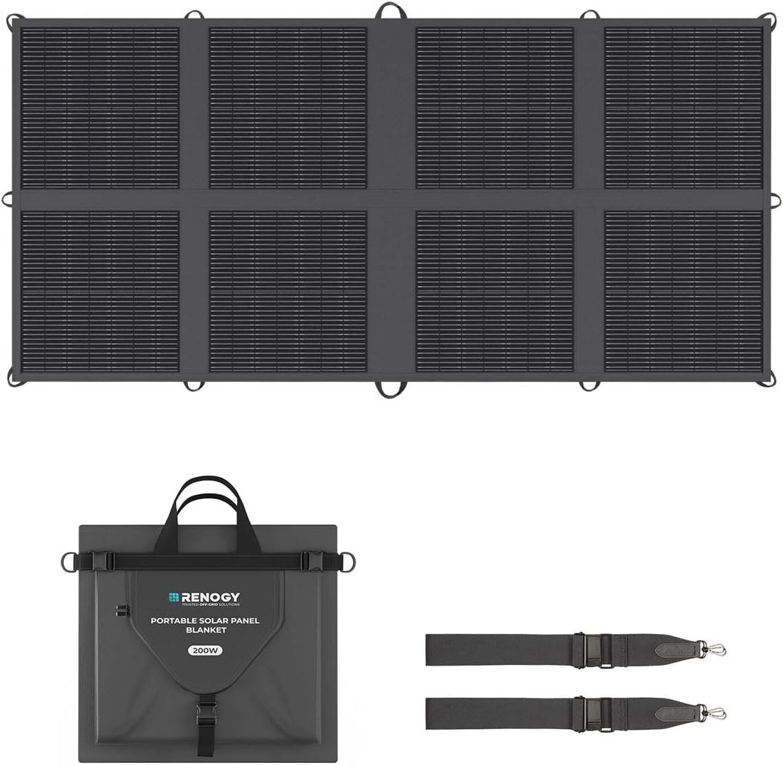 Renogy 200 Watt Solar Panel Blanket folded down next to a laptop to show its compact size for camping.