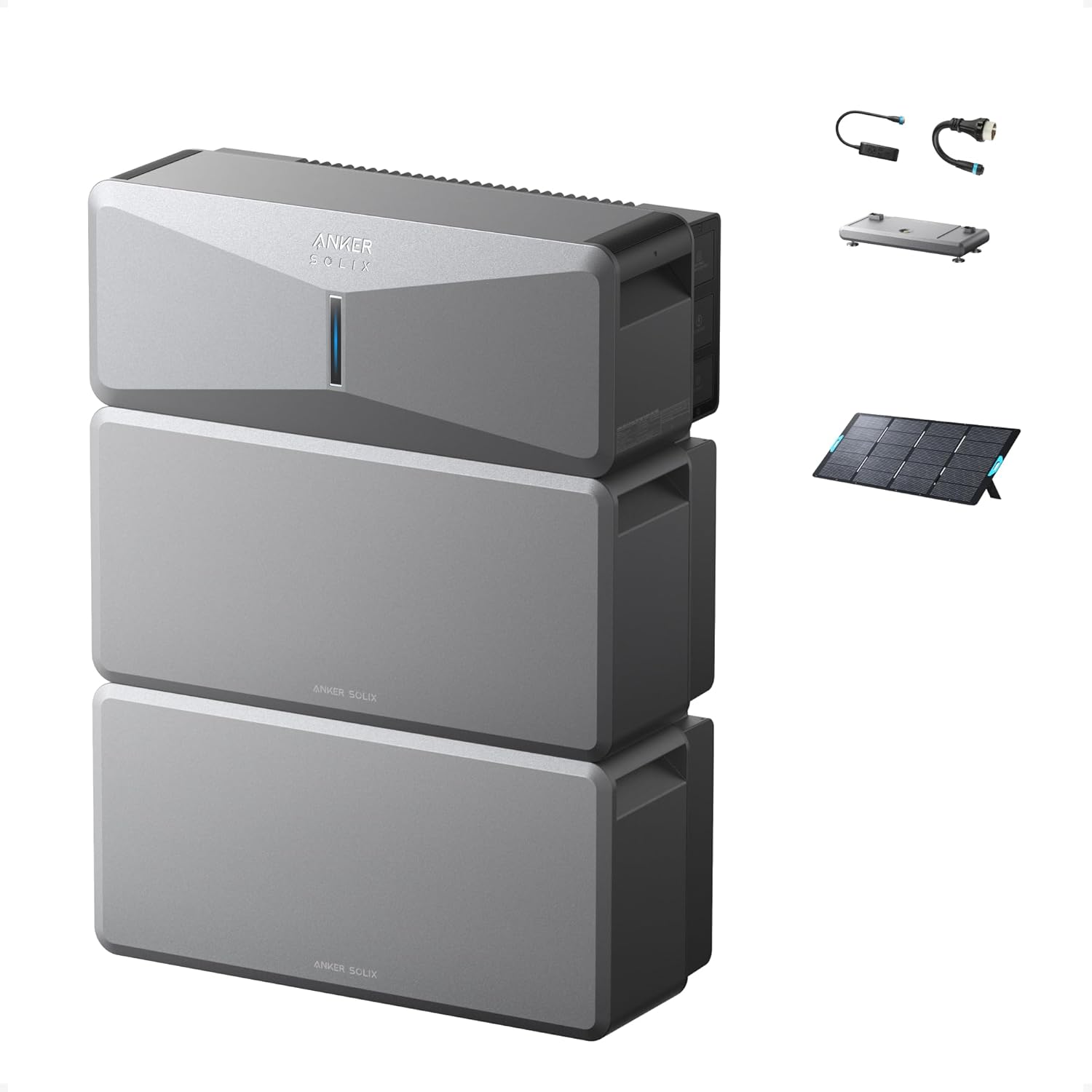 Anker SOLIX E10 whole-home backup system with extra battery installed outside a modern off-grid cabin in the rain, showing its NEMA 4 weatherproofing.