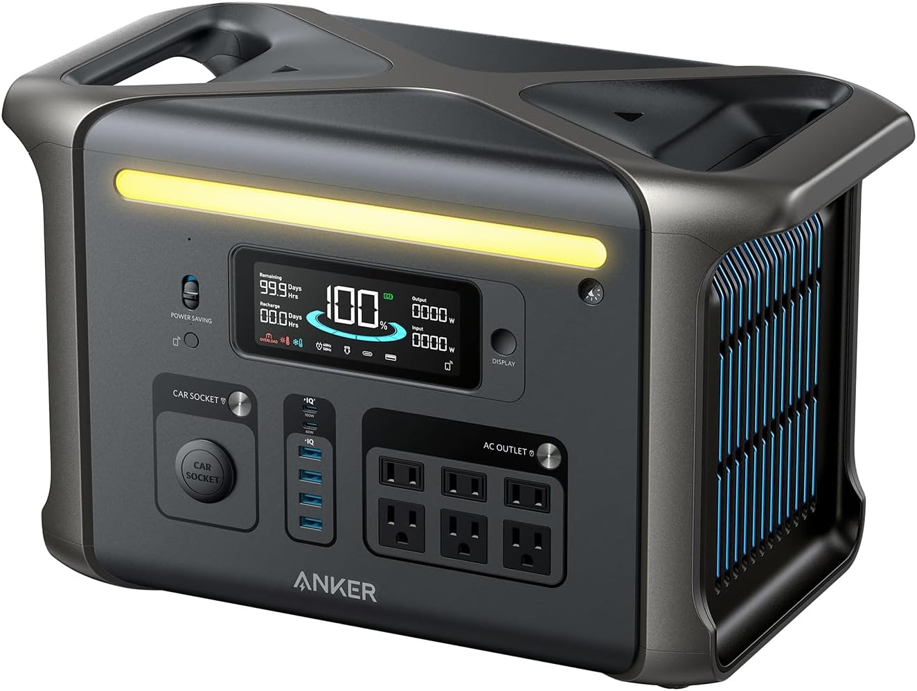 Anker SOLIX F1500 portable power station sitting on a wooden bench in a forest setting with its front LED display lit up