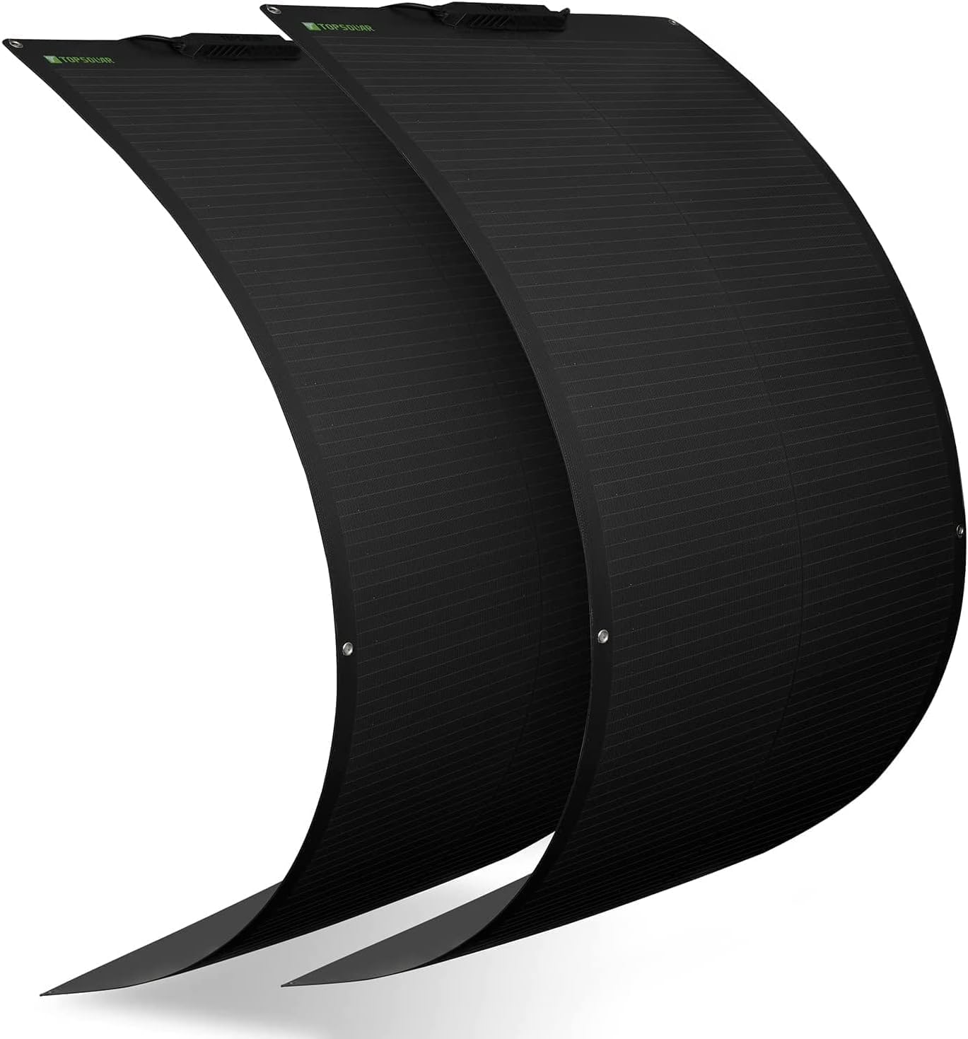 Topsolar 360W Flexible Solar Panel installed on a curved RV roof reflecting sunlight