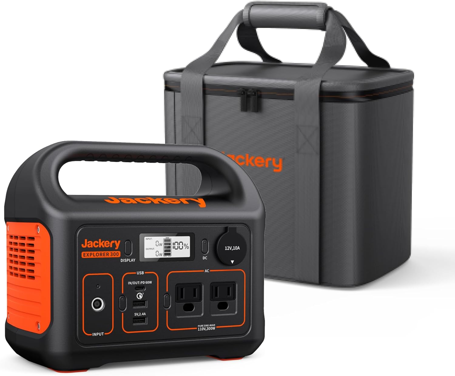 Jackery Explorer 300 Portable Power Station with carrying bag on a wooden camping table in the forest.