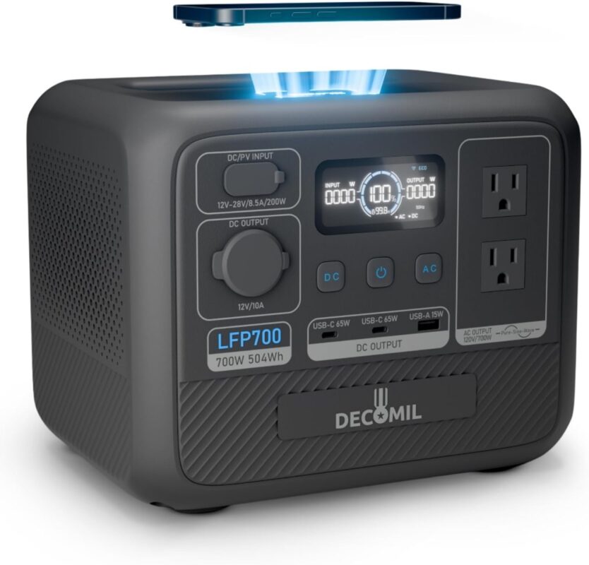 DECOMIL LFP700 Portable Power Station sitting on a wooden camping table in a forest, charging a smartphone wirelessly on top while connected to a small portable fridge.