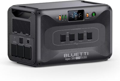 BLUETTI Apex 300 portable power station showing the front panel with multiple AC outlets and LCD screen in a home backup scenario