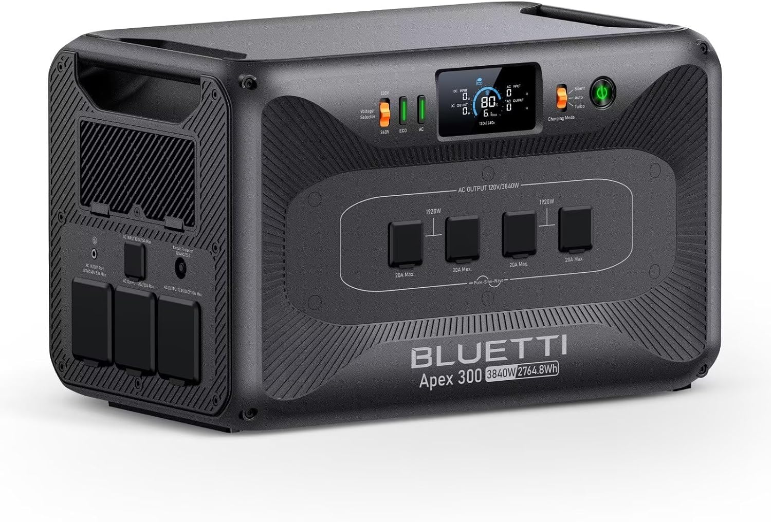 BLUETTI Apex 300 portable power station showing the front panel with multiple AC outlets and LCD screen in a home backup scenario