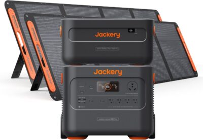 Jackery Solar Generator 4000 Kit featuring Explorer 2000 Plus, expansion battery, and two 200W solar panels in a camping environment