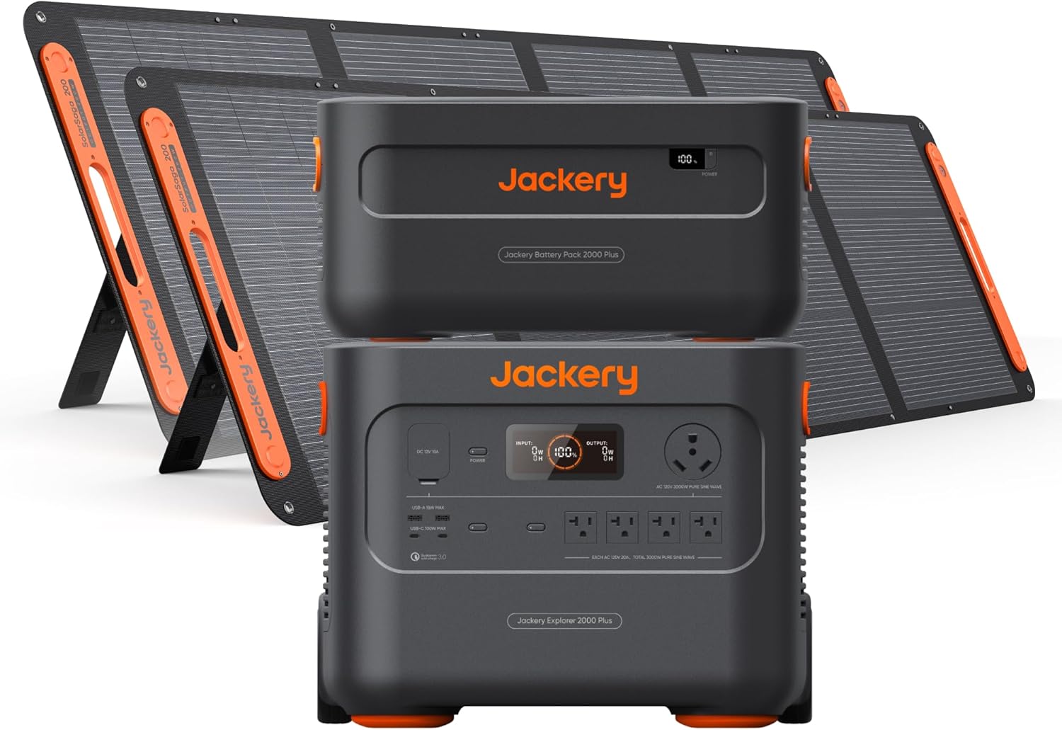 Jackery Solar Generator 4000 Kit featuring Explorer 2000 Plus, expansion battery, and two 200W solar panels in a camping environment