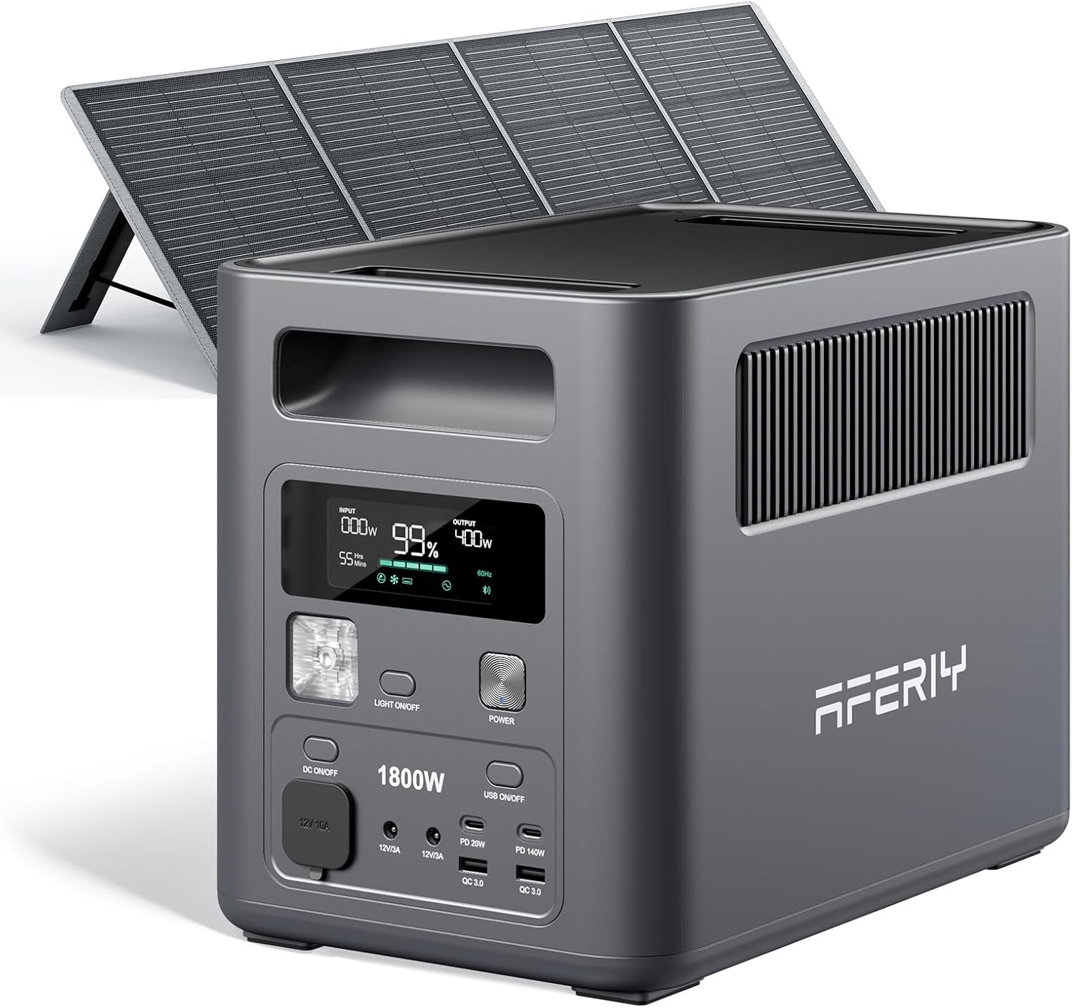 AFERIY 1024Wh Portable Power Station sitting on a forest floor connected to a folded 200W solar panel charging under the sun.