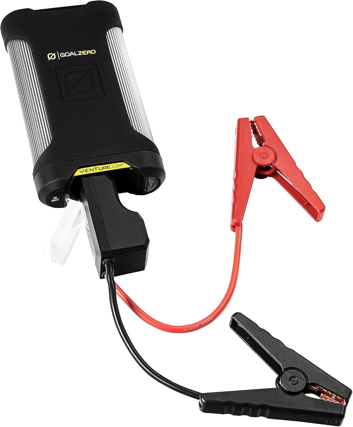 Goal Zero Venture Jump 800 Amp jump starter unit with smart cables attached, sitting on a dirty car engine to demonstrate rugged use.