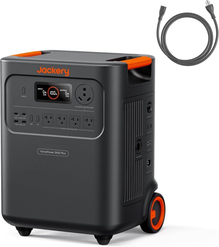 Jackery HomePower 3600 Plus power station with expandable battery packs in a modern home garage setting during a power outage.