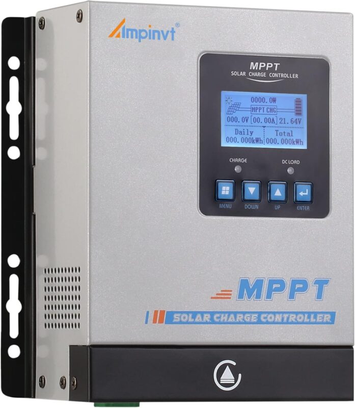 Close-up of the 80A MPPT Solar Charge Controller LCD screen showing charging status and battery voltage.