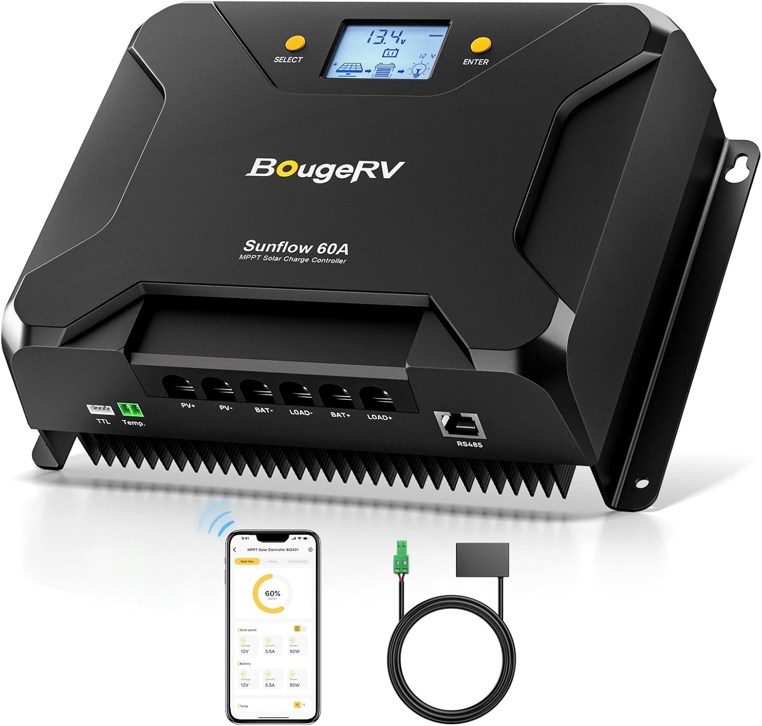 BougeRV Sunflow 60A MPPT Solar Charge Controller with backlit LCD screen showing battery voltage levels.