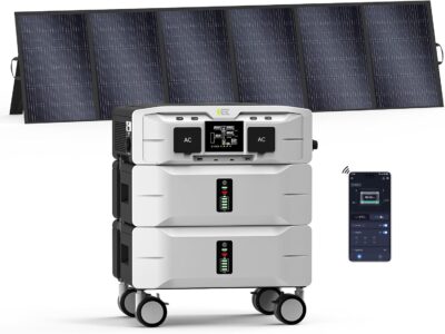 IEE 5120Wh Portable Power Station SP5000 with 500W solar panel and LCD display showing battery percentage