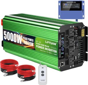 The LVYUAN 5000 Watt Heavy Duty Inverter with its bright LCD display showing input voltage, showing the four AC sockets and red/black terminal posts.