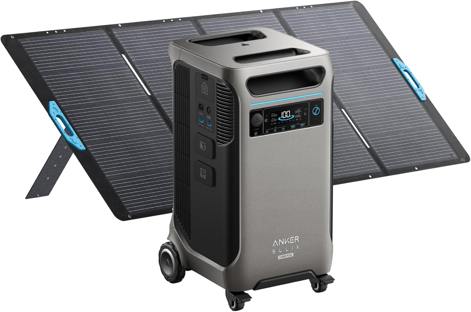 Anker SOLIX F3800 Plus portable power station with 400W solar panels set up in a backyard for home emergency power