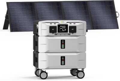 IEE 5120Wh Portable Power Station SP5000 showing front panel outlets with a 200W folding solar panel in a camping setting.