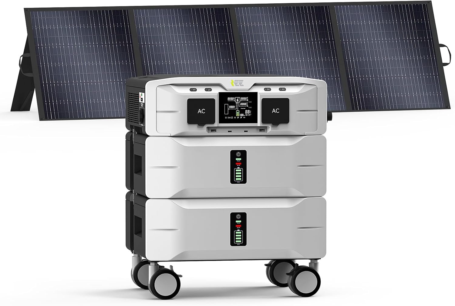 IEE 5120Wh Portable Power Station SP5000 showing front panel outlets with a 200W folding solar panel in a camping setting.
