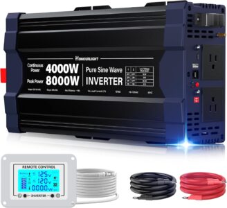 A 4000W Pure Sine Wave Inverter with a bright LED display showing input voltage, connected to heavy-duty red and black DC cables next to an RV remote control.
