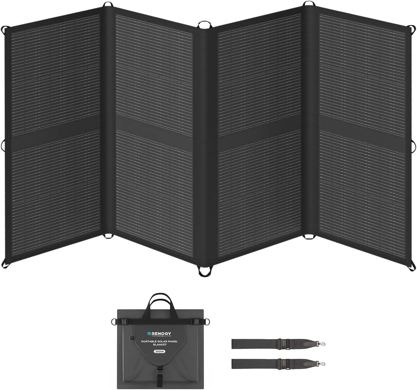 Renogy 200W Portable Solar Panel Blanket unfolded on the hood of a pickup truck in bright sunlight