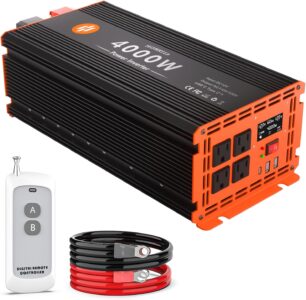 4000 Watt Power Inverter showing the blue LCD display with input voltage, connected to red and black heavy-duty battery cables on a workbench.