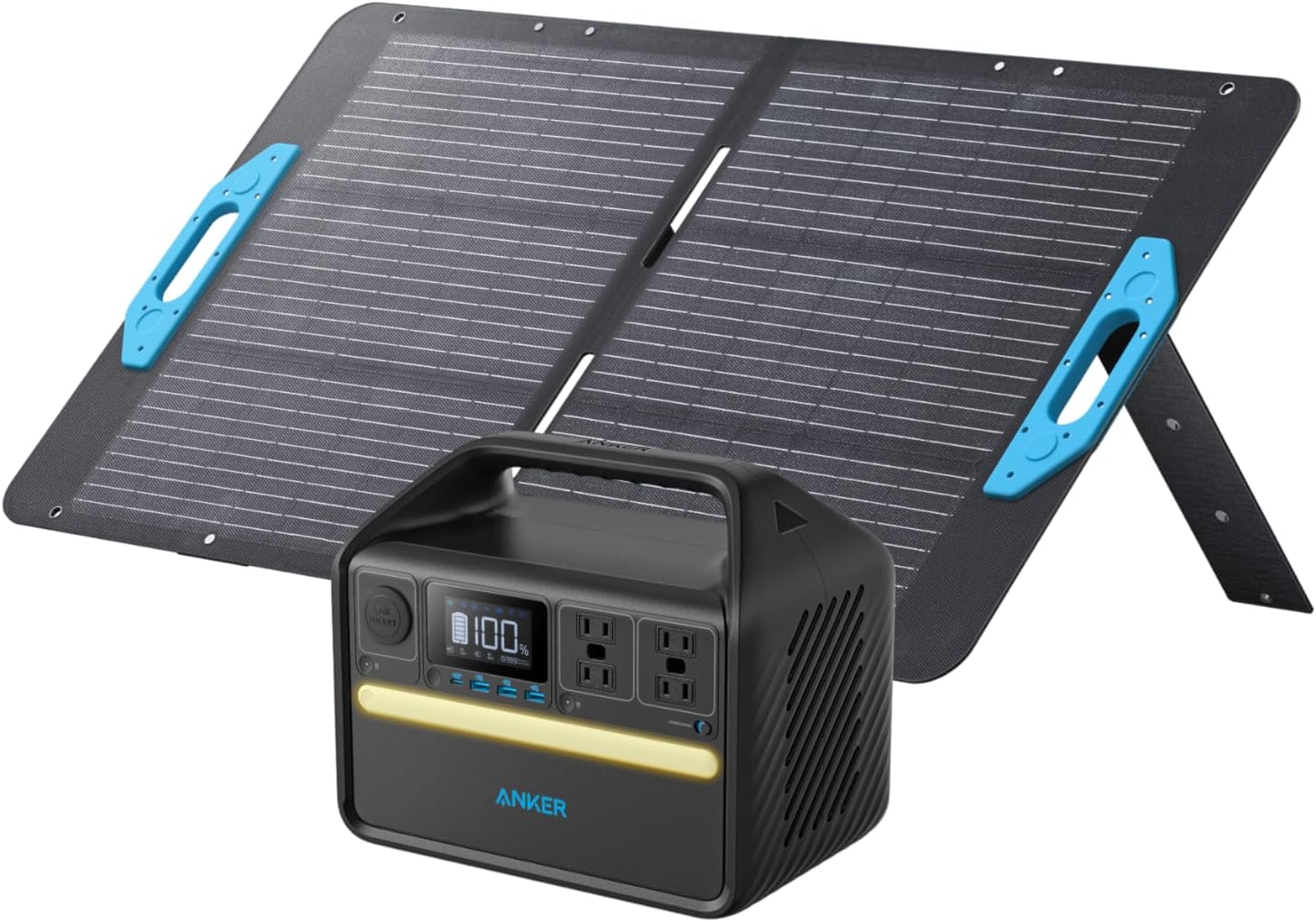 Anker 535 Solar Generator Powerhouse sitting on a wooden camp table with its 100W foldable solar panel facing the sun in a forest setting