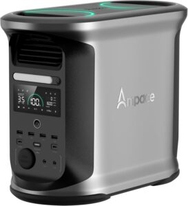 AMPACE Andes 1500 Portable Power Station showing the 4 AC outlets and digital display in a camping setup with solar panels.