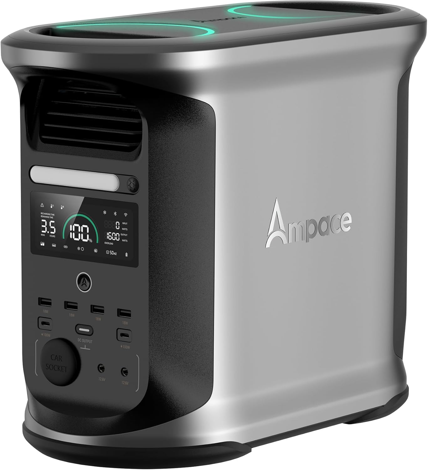 AMPACE Andes 1500 Portable Power Station showing the 4 AC outlets and digital display in a camping setup with solar panels.