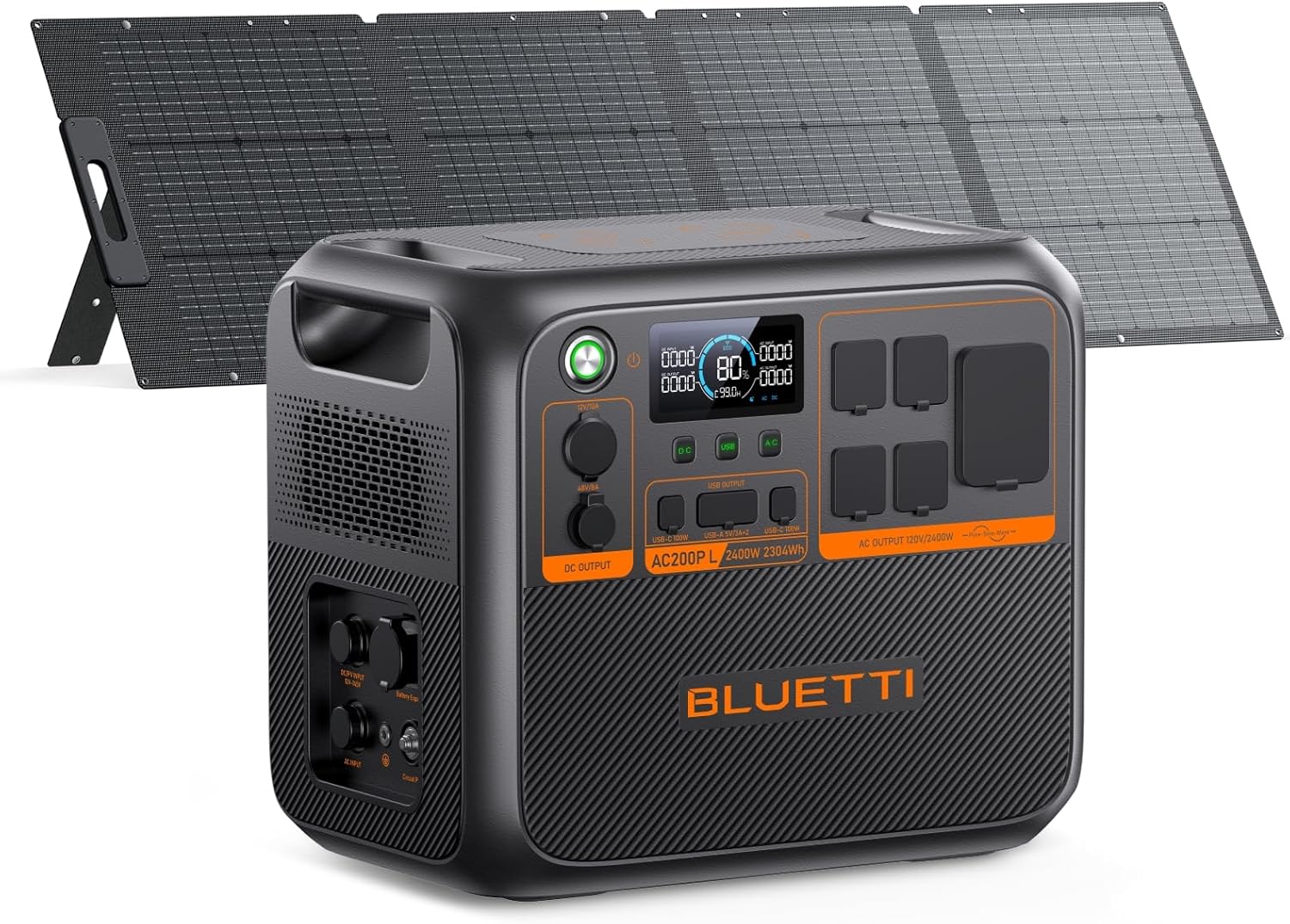 BLUETTI AC200PL solar generator with 200W solar panel set up next to a modern RV camper in the woods