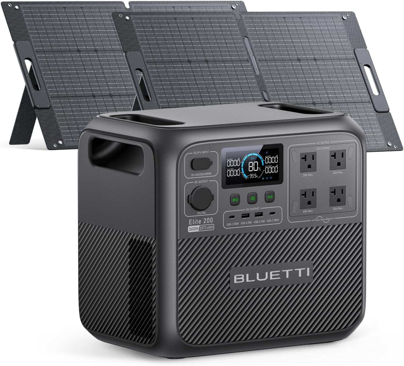 BLUETTI Solar Generator Elite 200 V2 with 2 100W solar panels set up in a sunny forest campsite