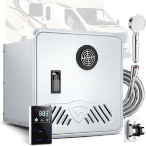 A sleek black InstaShower RV Tankless Water Heater with its 15x15 door open, showing the high-quality internal copper heat exchanger and the remote control unit.