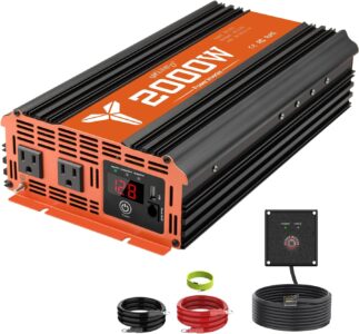 2000 Watt car power inverter with 2 AC outlets and remote control showing battery connections for truck use.