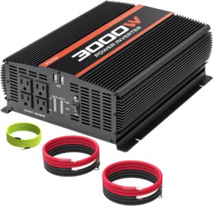 POTEK 3000W Power Inverter in black showing 4 AC outlets and 2 USB ports for RV and truck off-grid power usage.